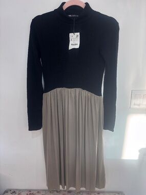 Zara NWT Knit Combination Midi Dress Black Taupe Pleated Mock Neck S
